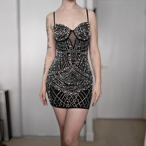 Windsor Black Mini Dress with Faux Pearl And Rhinstone Accents